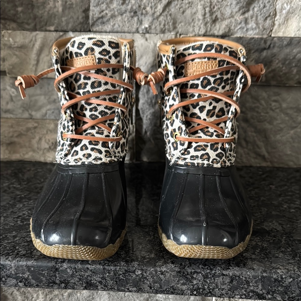 Girls Sperry Leopard Print Duck Boots